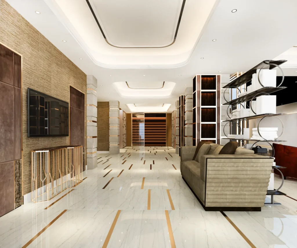 The interior of a high-end, custom new build home, showing a spacious living area with modern lighting