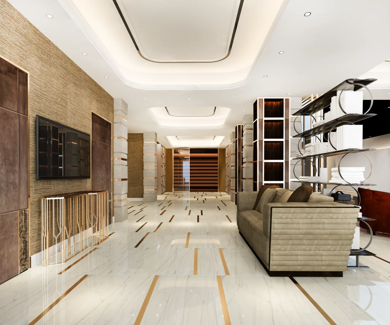 The interior of a high-end, custom new build home, showing a spacious living area with modern lighting