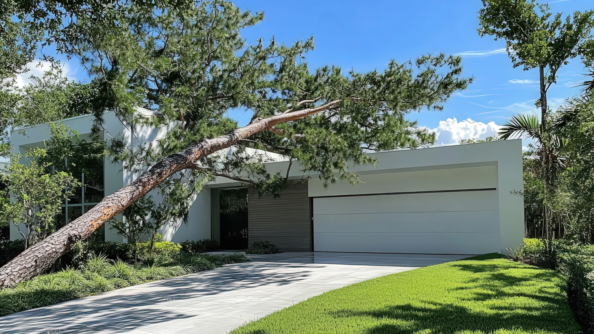 Large tree fallen against a modern Florida home, illustrating the importance of hurricane-resistant building materials
